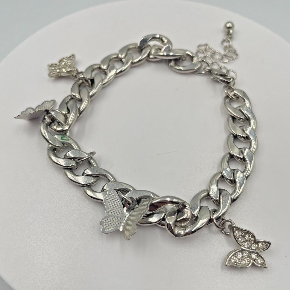 Vintage Y2K Silver Tone Chunky Curb Chain Butterfly Charm Bracelet Rhinestone